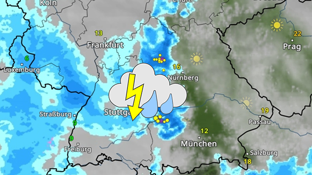 WetterRadar zeigt Gewittergüsse im Süden