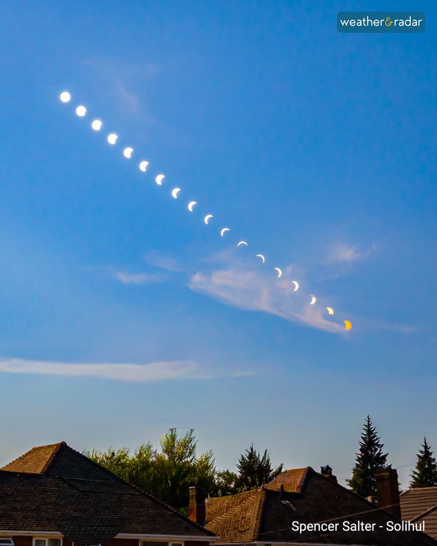 Composite sequence showing the Sun progressively obscured during a partial solar eclipse, tracing a diagonal path across a blue sky above rooftops in Solihull.
