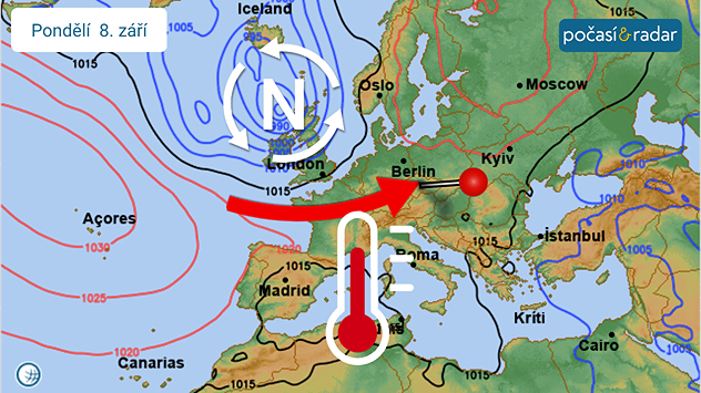 Předpověď synoptické situace nad Evropou, pondělí 8. září: V příštím týdnu se střední Evropa ocitne v teplejším jihozápadním proudění na přední straně tlakové níže nad severozápadní Evropou.