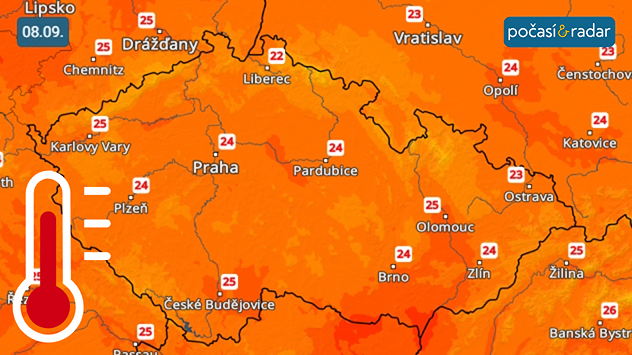 Předpověď maximálních teplot na pondělí 8. 9. V Česku nadále potrvá poměrně teplé počasí - například i v pondělí 8. září se budou nejvyšší denní teploty šplhat až k 25 °C.
