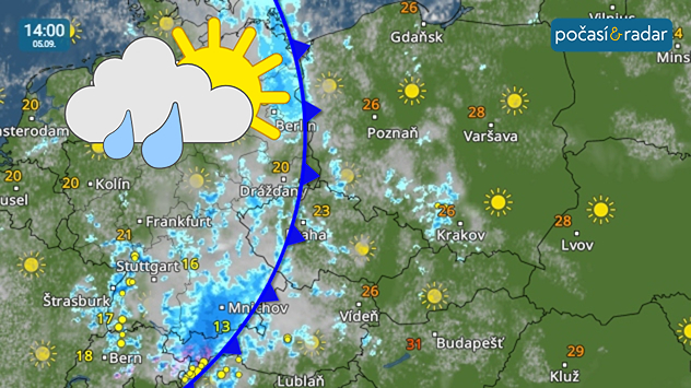 Meteoradar, screenshot, 5. 9. 14:00: V pátek přes Česko od západu přechází zvlněná studená fronta - na většině území se vyskytnou srážky, hlavně v Čechách místy i vydatnější.