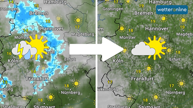 Vergleich der WetterRadar-Vorhersage: erst Regen und Gewitter, danach freundlicher mit Sonne.