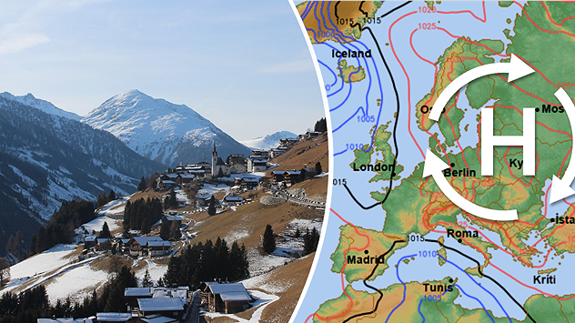 Links: Alpines Dorf an einem Berghang mit teils schneebedeckten Wiesen, teils braunen Wiesen, dunklen Wäldern und einem hohen Gipfel im Hintergrund.; Rechts: Isobarenkarte für Europa