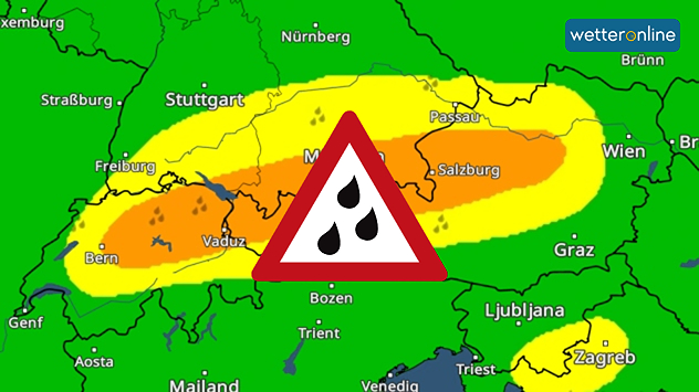 Unwetterwarnkarte mit Warnsymbol für Regen