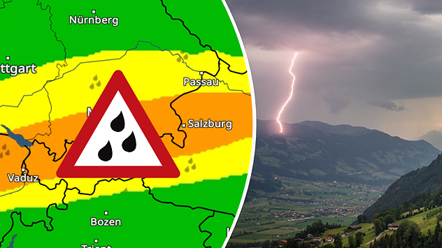 Unwetterwarnkarte mit Warnsymbol und Bild von einem Gewitter in den Bergen