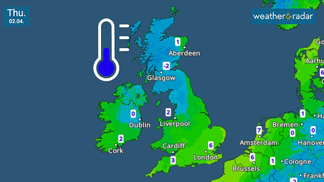 Weather map of UK and Ireland showing daily low temperatures in blue-green shading, values near -2 in Scotland and 0–6 across Ireland, England, and Wales, labeled Thu 02.04 with a thermometer icon.