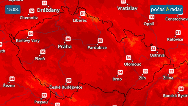 Mapa maximálních denních teplot v pátek 15. srpna: Páteční maximální denní teploty na mnoha místech naší země překročily hranici 35 °C.