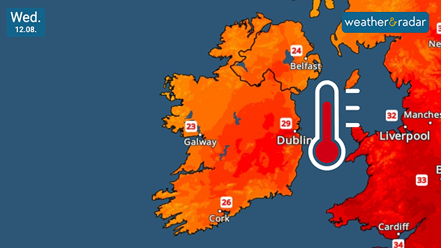 Temperature map of Ireland for Wednesday 12.08 showing 29°C in Dublin, 26°C in Cork, 24°C in Belfast and 23°C in Galway, with a thermometer icon highlighting the heat.