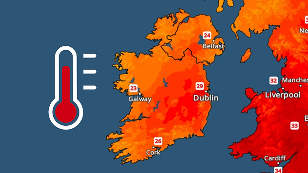 Temperature map of Ireland showing 29°C in Dublin, 26°C in Cork, 24°C in Belfast, and 23°C in Galway, with a red thermometer icon.