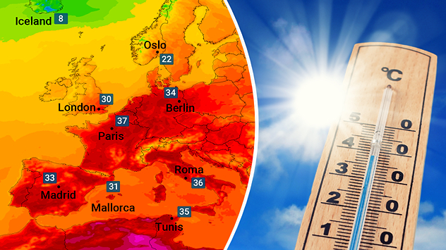 Links een weerkaart met de maximumtemperaturen in Europa. Rechts een thermometer tegen een blauwe lucht