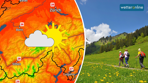 Links: Eine Temperaturkarte der Schweiz zeigt Werte um 25 Grad in den Tälern. Dazu scheint neben ein paar Wolken die Sonne. Rechts: 3 Menschen wandern auf einer Almwiese, im Hintergrund sind Bergwald und Gipfel zu sehen.