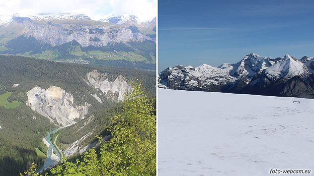 Links: Grünes Alpental; Rechts: schneebedeckte Fläche, im Hintergrund weisse Gipfel