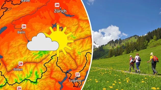 Links: Eine Temperaturkarte der Schweiz zeigt Werte um 25 Grad in den Tälern. Dazu scheint neben ein paar Wolken die Sonne. Rechts: 3 Menschen wandern auf einer Almwiese, im Hintergrund sind Bergwald und Gipfel zu sehen.