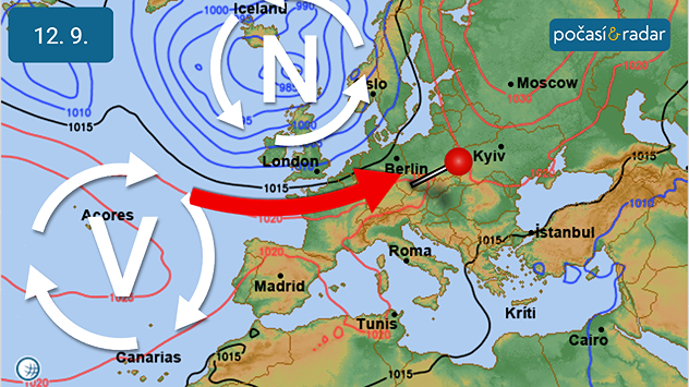 Předpověď synoptické situace nad Evropou, pátek 12. září: Počasí v Česku bude v nejbližších dnech určovat kombinace vlivu tlakové výše nad jihozápadem Evropy a rozsáhlé tlakové níže se středem nad severozápadem/severem Evropy.