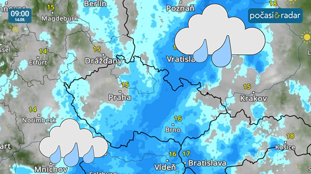 Meteoradar, screenshot, 14. 9. 9:00: O víkendu do Česka pravděpodobně dorazí další vydatnější srážky - jejich předpokládaný postup můžete sledovat na našem Meteoradaru.