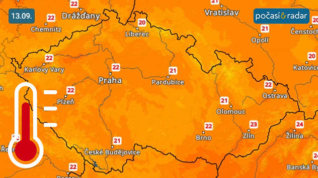 Předpověď maximálních denních teplot v Česku na sobotu 13. 9. Nejvyšší denní teploty budou v nadcházejících dnech stoupat nejčastěji k hodnotám mírně nad 20 °C.