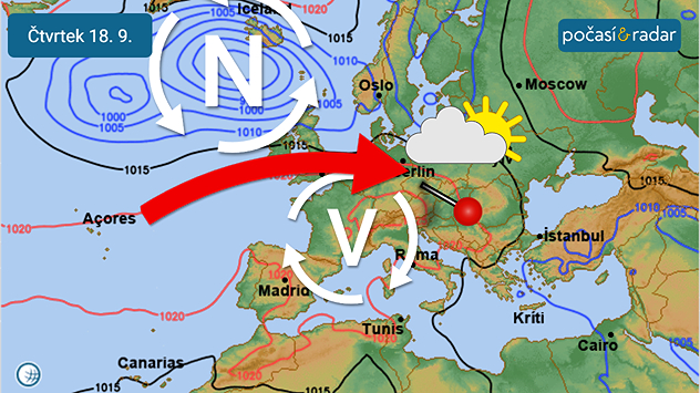Předpověď synoptické situace nad Evropou, mapa, čtvrtek 18. 9. „Přetlačovaná“ mezi tlakovou níží nad severní Evropou a tlakovou výší nad jihozápadní Evropou bude nad středem kontinentu pokračovat i v průběhu příštího týdne – od jeho druhé poloviny se u nás však pravděpodobně silněji prosadí oblast vyššího tlaku vzduchu, což by znamenalo ustálení slunečnějšího a suššího počasí.