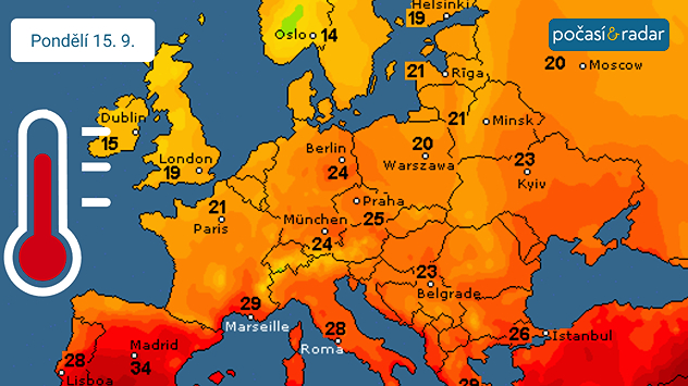 Předpověď maximálních teplot v Evropě, pondělí 15. 9. V pondělí mohou odpolední teploty v Česku dosáhnout až k letním 25 °C.