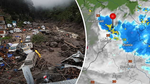 Geteiltes Bild: links zerstörte Siedlung nach Erdrutsch mit Trümmern und Schutt, rechts Radarbild mit Starkregen- und Blitzcluster bei Shimla in Nordindien.