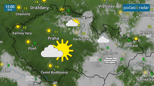 Meteoradar, screenshot, 10. 12., 12:00: Zejména ve středu očekáváme na velké části území přechodné projasnění a slunečné počasí; na Moravě a často také na severovýchodě Čech se však pravděpodobně po většinu dne udrží mlhy a nízká oblačnost, a tedy i nižší teploty.