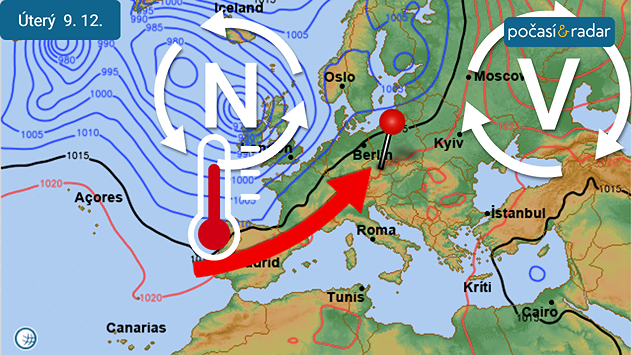 Předpověď synoptické situace nad Evropou, úterý 9. 12. Do Česka bude v nejbližších dnech proudit velmi teplý vzduch od jihozápadu v prostoru mezi tlakovou výší nad jižní a východní Evropou a tlakovou níží nad severozápadní Evropou.
