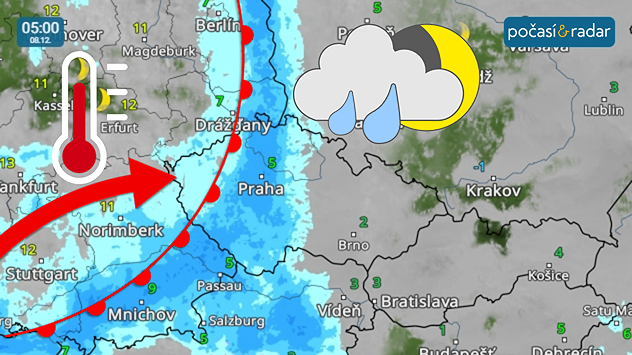 Meteoradar, screenshot, 8. 12., 5:00: Po přechodu teplé fronty během noci na pondělí a pondělního rána do Česka zesílí teplé jihozápadní proudění.