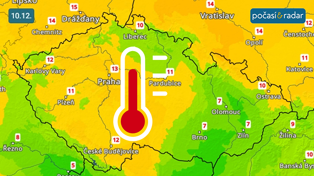 Předpověď maximálních denních teplot v Česku na středu 10. 12. Česko čekají velmi teplé dny – hlavně v úterý a ve středu mohou maximální denní teploty v Čechách ojediněle dosahovat až 14 °C. Teploty budou místy pravděpodobně překonávat i rekordy.