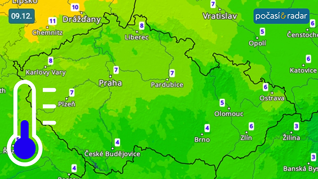 Předpověď minimálních teplot v Česku na úterý 9. 12. Velmi teplé budou také noční hodiny; minimální teploty na mnohých místech vůbec nepoklesnou pod 5 °C.