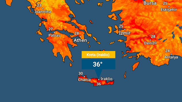 TemperaturRadar: Auf der beliebten Ferieninsel Kreta werden zur Mittagszeit schon über 35 Grad gemessen.