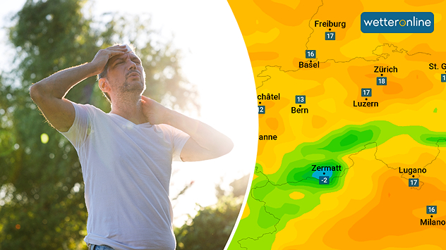 Links ein Mann, der den Schweiß von der Stirn wischt. Rechts eine Wetterkarte für die Schweiz, die einen hohen Taupunkt zeigt.