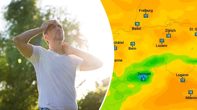 Links ein Mann, der den Schweiss von der Stirn wischt. Rechts eine Wetterkarte für die Schweiz, die einen hohen Taupunkt zeigt.