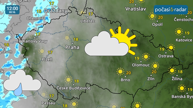 Meteoradar, screenshot, 2. října 12:00: V pátek bude nad Českem částečně přibývat oblačnosti, na západě území se mohou objevit i slabé srážky.