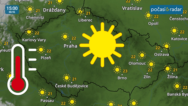 Meteoradar, screenshot, 3. října 15:00: Sobota do Česka opět přinese slunečné a na říjen velmi teplé počasí.