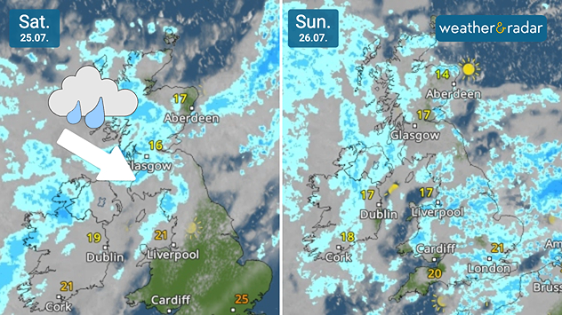 Split weather radars comparing Saturday 25.07 and Sunday 26.07 across the UK and Ireland. Saturday shows rain moving southeast across Scotland with an arrow indicating its direction, while Sunday brings widespread showers across the UK and Ireland.