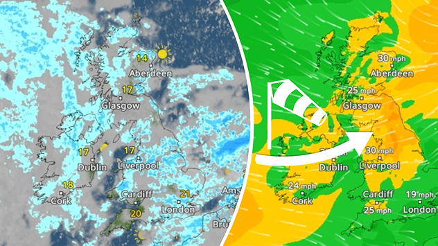 Split weather graphic showing widespread showers across the UK and Ireland on the left, and a wind forecast map on the right with a windsock icon and gusts of 25 to 35 mph, highlighting breezy conditions across the two countries.
