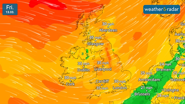Wind forecast map dated Fri 13.03 showing widespread breezy conditions across the UK and Ireland in orange shading, with gusts around 30–35 mph in Glasgow, Dublin, Liverpool, Cardiff, and London.