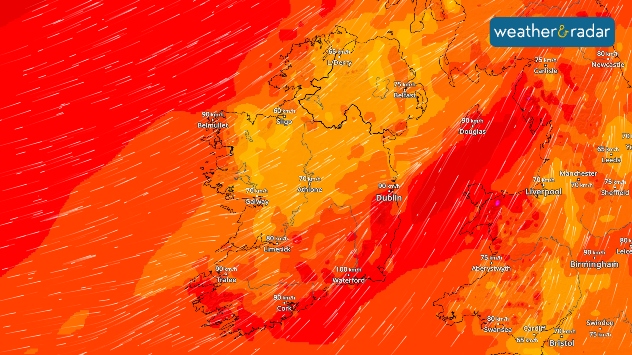 Wind forecast map showing very strong winds across Ireland and the Irish Sea with deep red shading and streamlines, including gusts around 100 km/h in Dublin and Waterford and 90 km/h near Douglas.