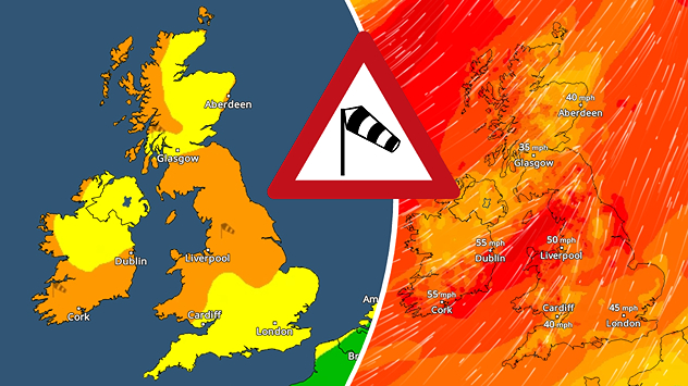Split image showing a UK wind warning map on the left and a wind forecast map on the right with strong gusts around 40–55 mph across Britain and Ireland, plus a central windsock warning icon.