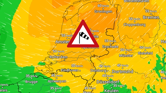 De weerkaart voor zaterdagmiddag toont een stevig windveld over het hele land.
