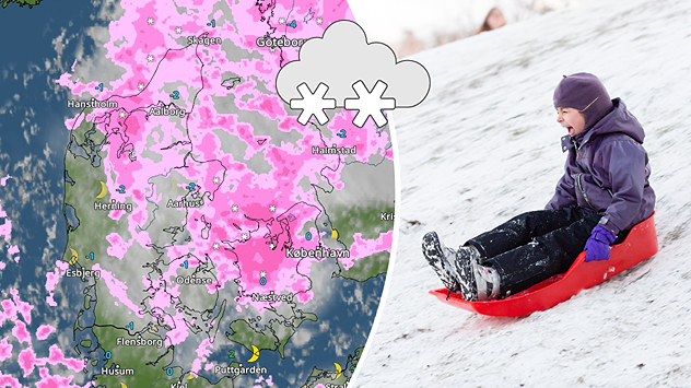 VejrRadar over Danmark med udbredt sne og slud kombineret med barn på kælk i vintervejr.