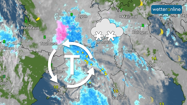 Wetterkarte zeigt ein Tiefdruckgebiet über dem Mittelmeer mit Schnee im Alpenraum.