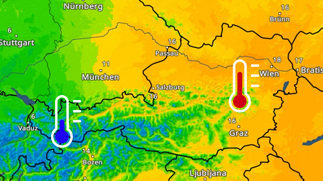 Das Bild zeigt das TemperaturRadar für Österreich. Im Westen ist es deutlich kühler als im Osten.