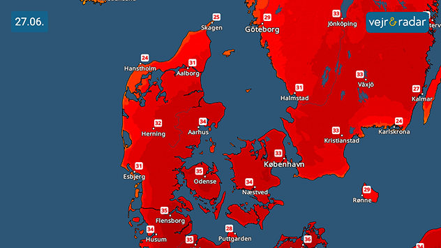 VejrRadar over Danmark den 27. juni med ekstrem varme og temperaturer op mod 35 grader.