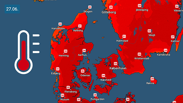 VejrRadar over Danmark den 27. juni med ekstrem varme og temperaturer op mod 35 grader.