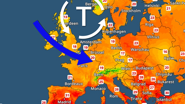 Radar des températures pour l'Europe. On y voit une dépression et une flèche bleue