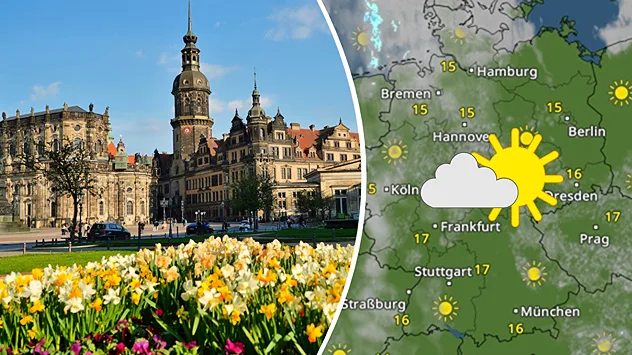 Geteilte Ansicht: Links Dresden im Frühling mit Narzissen und blauem Himmel mit Wolken; rechts das WetterRadar von WetterOnline mit Sonne-Wolken-Mix und 1517 °C (16.04.2026).