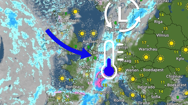 Weerkaart van Europa met lagedrukgebied en koufront. Pijlen geven de instroom van koele lucht naar Midden-Europa aan. Boven de Alpen is een neerslaggebied met sneeuw aangegeven.