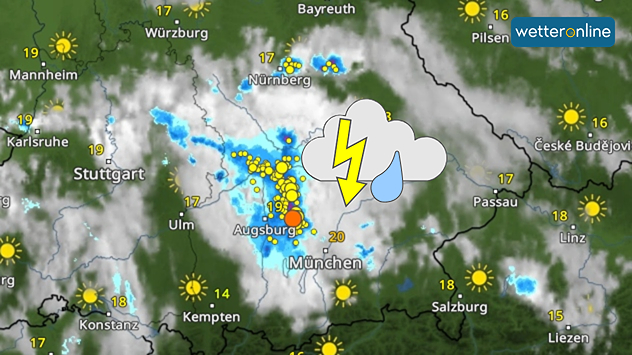 WetterRadar für Bayern zeigt Gewitter am Montagmorgen