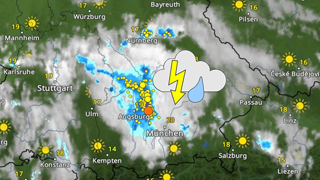 WetterRadar für Bayern zeigt Gewitter am Montagmorgen