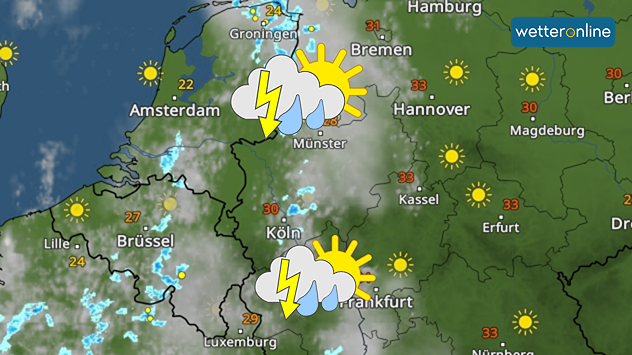 WetterRadar zeigt schmale Gewitterlinie im Westen